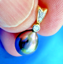 South Sea Pearl Black Tahitian Drop Pendant Natural Diamond 14k White Go... - £1,011.61 GBP