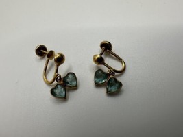 Vintage Budlong Docherty And Armstrong 10k Yellow Gold Blue Heart Earrings - £93.96 GBP