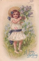 Happy BIrthday With Young Girl Carrying Flowers Embossed 1909 Postcard E11 - £6.17 GBP