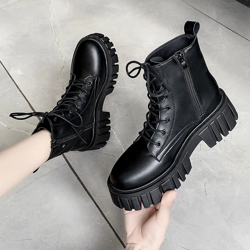 New Women White Ankle Boots PU Leather Thick Sole Lace Up Combat Booties Female  - £40.58 GBP