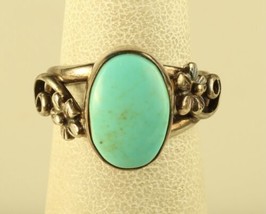 Vintage Sterling Silver Navajo Turquoise Oval Stone with Flower Filigree Ring - £33.47 GBP