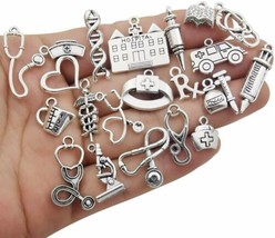 10 Nurse Charms Doctor Pendants Themed Antiqued Silver Assorted Medical Jewelry  - £4.74 GBP