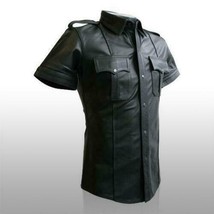 MEN&#39;S REAL LEATHER Black Police Military Style Shirt  BLUF ALL SIZE Shirt - £79.67 GBP