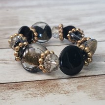 Vintage Bracelet - Black &amp; Gold Tone Chunky Stretch Bracelet - £10.97 GBP