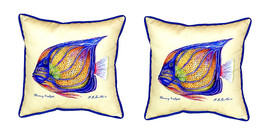 Pair of Betsy Drake Blue Ring Angelfish Large Indoor Outdoor Pillows 18&quot; X 18&quot; - £69.89 GBP