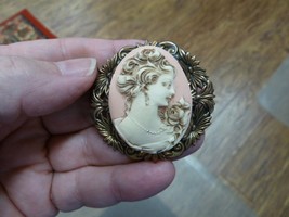 (CM43-13) LADY ROSE Pine Resin pink white CAMEO jewelry Pin pendant necklace - £26.50 GBP