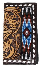 Men&#39;s Western Antique Floral Tooled Leather Beaded Inlay Rodeo Wallet 18... - $46.52