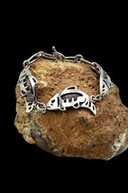 Vintage Signed Hopi Handmade Sterling Silver Fish Overlay Link Bracelet 7.5&quot; - £196.17 GBP