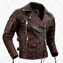 Handmade Distressed Brown Cowhide Biker Jacket: Vintage Brando Style - $219.99