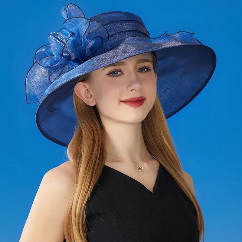 French Vintage Women Foldable Organza Church Derby Hat Ruffles Wide Brim Summer - £12.54 GBP
