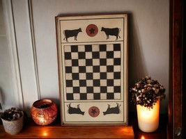 Chess Checkers Game Board Folk Art Wood Hand Made Painted Carved Hangable Cows - £42.21 GBP