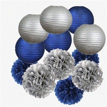 Blue Silver Celebration Kit: 12-Piece Tissue Pom Poms &amp; Paper Lanterns Set for B - £32.34 GBP