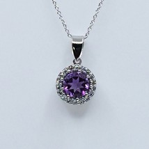 Women&#39;s Halo Pendant 14k White Gold Natural Amethyst Round Cubic Zirconia - £129.33 GBP