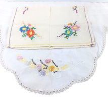 2 VINTAGE Hand Embroidered Runners Dresser Scarve Doily Crochet Edge Fre... - $26.42