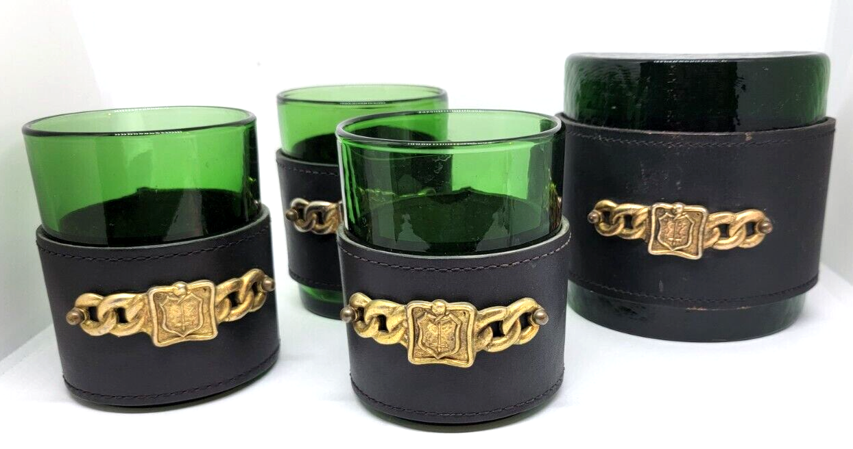 Primary image for VTG Italy Green Glass LEATHER Bound COAT OF ARMS 1 Bookend 3 ROCKS GLASSES MCM