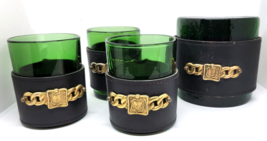 Vtg Italy Green Glass Leather Bound Coat Of Arms 1 Bookend 3 Rocks Glasses Mcm - £39.26 GBP