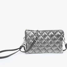 Nylon Puffer Quilt 3 Compartment Convertible Crossbody Wristlet Clutch Graphite - £30.86 GBP