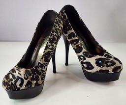 Seisen Heels Womens Size 7.5/38 Black Leopard Print Sequined Stiletto Pumps - £19.88 GBP