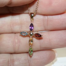 Marquise Multi Gemstone Cross Pendant Necklace Yellow 14k Gold over 925 SS - $46.42