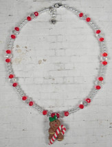 Gingerbread Man Necklace Holiday Glass Pearl Crystal Handmade Red White New - £12.65 GBP