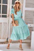 V Neck Ruffles Tiered Sleeve Smocked Midi Dress - $618.68 MXN