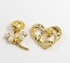 Lot of 2 Gold Tone Floral Pins Tie Tacks Heart Flower Stem - $10.21