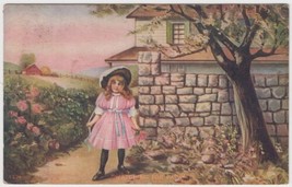 Victorian Little Girl Waits Under Tree Stone Wall Watching For Papa 1907... - $2.99