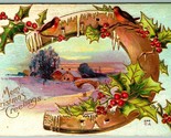 Christmas Greetings Horseshoe Cabin Scene Holly Embossed Gilt DB Postcar... - $6.88