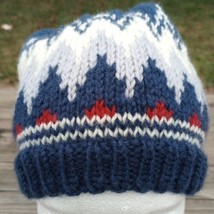 Mens Handmade Fair Isle Beanie Wool Hat Hand Knit Nordic Blue Gray Viking L/XL - £40.46 GBP