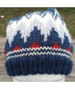 Mens Handmade Fair Isle Beanie Wool Hat Hand Knit Nordic Blue Gray Viking L/XL - $51.44