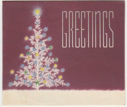 Vintage Christmas Card White Tree Burgundy Background 1940&#39;s - $8.90