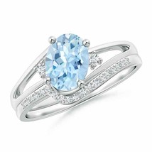 ANGARA Oval Aquamarine and Diamond Wedding Band Ring Set in 14K Solid Gold - £1,187.87 GBP