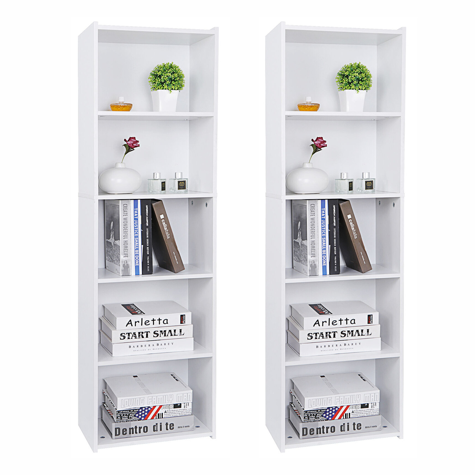 Primary image for 2Pcs Wood Bookcase 5-Tier Open Shelf Narrow Freestanding Bookshelf Storage White