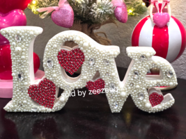 Valentines Day Faux Pearl Rhinestones Beaded Figurine Tabletop Sign 12"x6" - $29.69