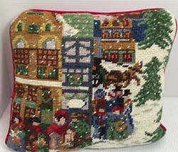 Embroidered Needlepoint Christmas Winter Town Scene 9x9” Throw Pillow Red Velvet - £18.02 GBP