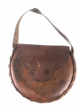 Vintage 1970 Handmade Women&#39;s Brown Leather Satchel Hippie Boho Sunflowe... - £47.62 GBP