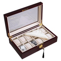 12 Watch Organizer Display Case Walnut Wood Glass Top Jewelry Box Storage Gift - £61.46 GBP