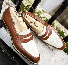 Men Bespoke Shoes Two Tone Leather Spectator Shoes Good Year Welted Men Loafers - $195.99