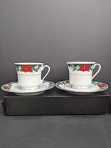 Tienshan Poinsettia and Holly Footed Teacup and Saucer 6 Oz Set of 2 - $11.00