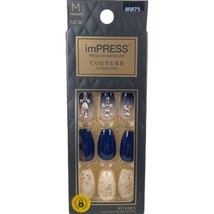 NEW Kiss Nails Impress Press On Manicure Medium Coffin Blue White Gems Couture - £11.89 GBP