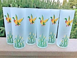 1950s Ice Frosted Tea Tumblers Enamelled Ducks Pattern Set (6) 7” TALL 13 OZ - £35.87 GBP