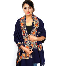 Women Aari Kashmiri Blue Stole Flower Paisley Embroidered Wool Shawl Cashmere - £62.48 GBP