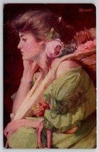 Pretty Woman Green Dress Pink Roses Reverie Postcard Q28 - £3.87 GBP