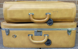 Vtg VENTURA Suitcase &amp; Garment Bag Mustard Tan Locking Luggage Set Tweed... - £30.04 GBP