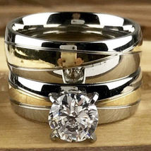 White Gold Finish  925 Silver Round Sim Diamond Women&#39;s Bridal Wedding Ring Set - £66.55 GBP