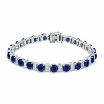 14kt White Gold Womens Round Blue Sapphire Diamond Tennis Bracelet 15-1/4 Cttw - £3,977.42 GBP