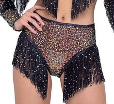 Roma 6221 Sequin Fishnet High Waisted Shorts with Sequin Fringe Detail, ... - £39.58 GBP