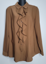 Chicos Womens Top Blouse 1 Medium Business Brown Crepe Ruffle Front Long... - £22.67 GBP