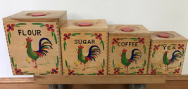Set 4 Vtg Wooden Rooster Nesting Kitchen Canisters Coffee Sugar Flour Co... - $123.75
