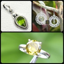 925 Plata Hecho a Mano Peridoto Gema Colgante Pendientes Pulsera Anillo Combo De - £55.24 GBP